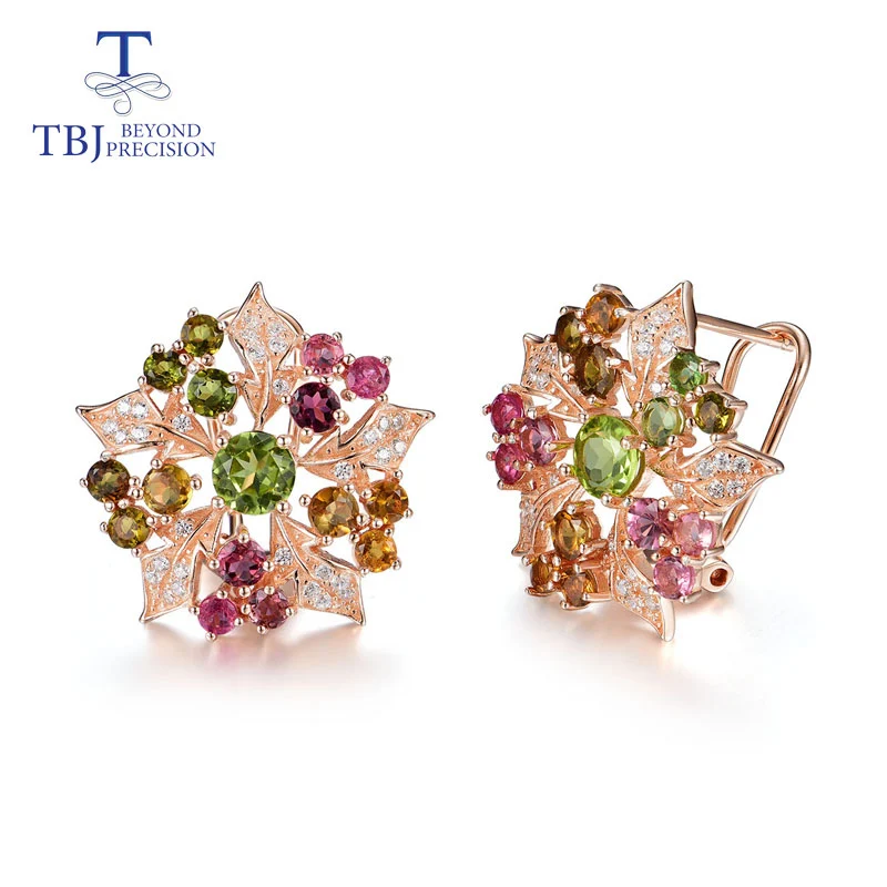 TBJ, натуральный многоцветный Турмалин, драгоценный камень, цветок, серьги, серебро 925 пробы, хорошее ювелирное изделие для женщин, свадебные, вечерние, хороший подарок - Цвет камня: tourmaline
