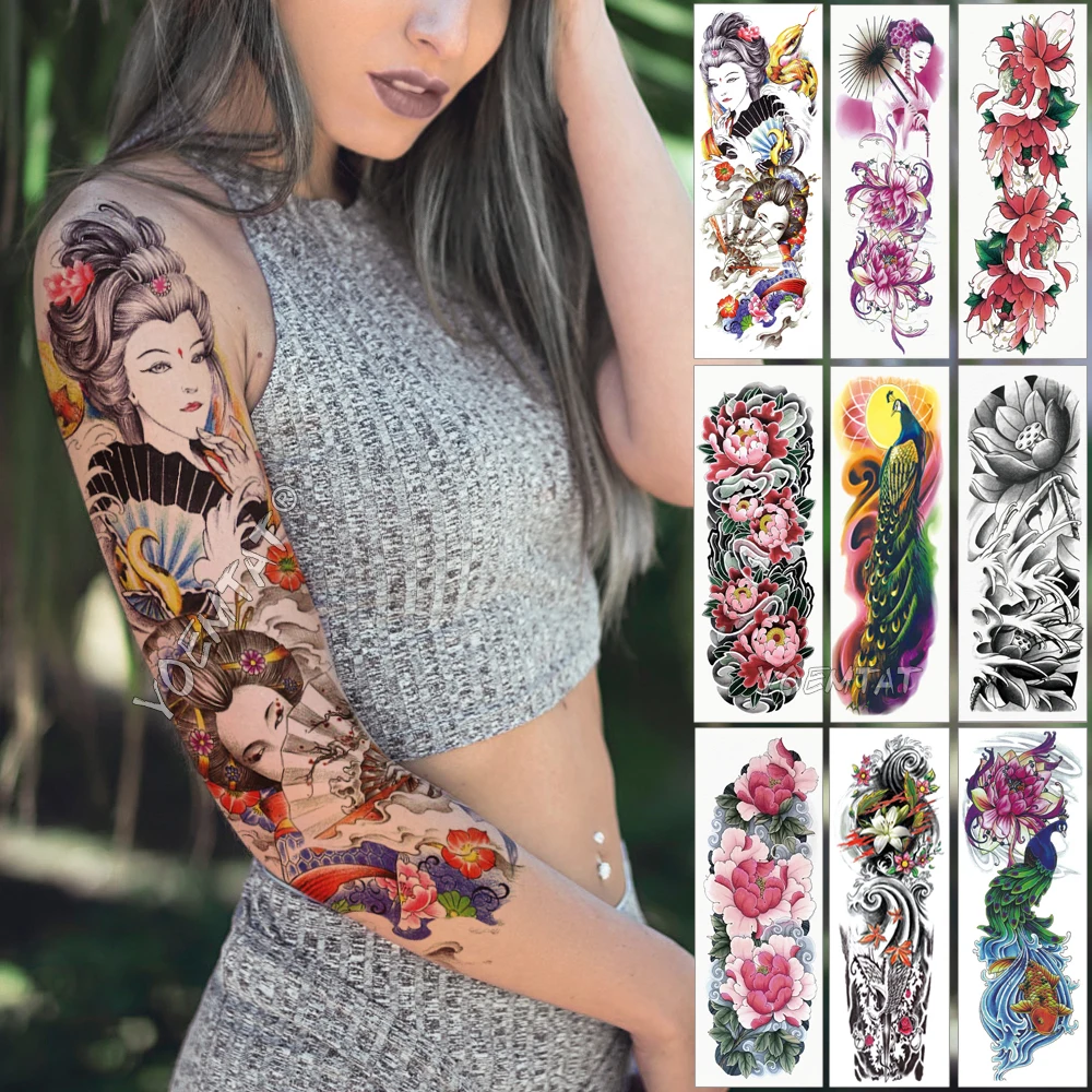 

Large Arm Sleeve Tattoo Japanese Geisha Snake Waterproof Temporary Tattoo Sticker Lotus Peacock Girl Tatoo Body Art Women