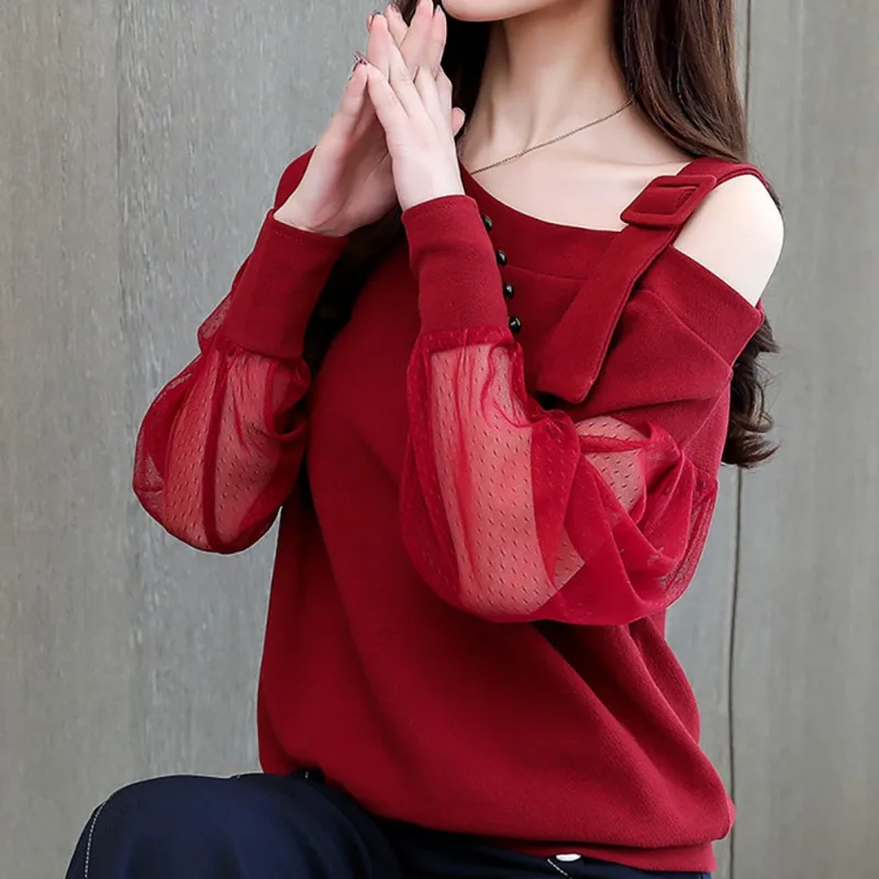 

Women Sexy Shoulder Strapless T-shirt Slim Long-sleeved Cuff lace Button Tee Casual Wild Bottoming T-shirt Tops