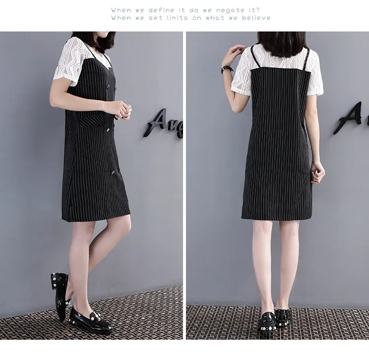 Summer Fake Two Pieces Dresses Women 2018 Fashion Striped Dress Lace Patchwork Robe Femme Short Sleeve Plus Size Vestidos Mujer (6)