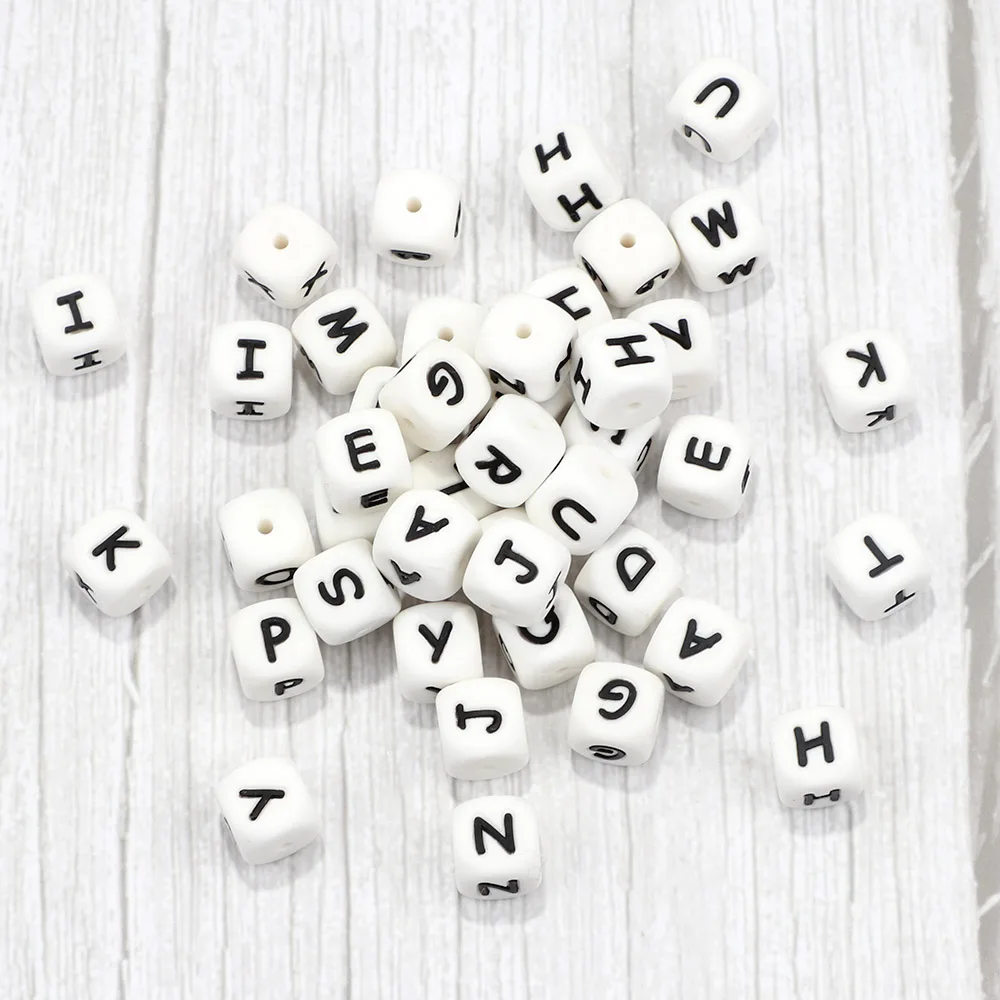 Joepada 12mm 10pcs Silicone Beads Letter Baby Teether Beads In sert Name on Pacifier Chain Clips Chewing Alphabet Beads Baby Toy
