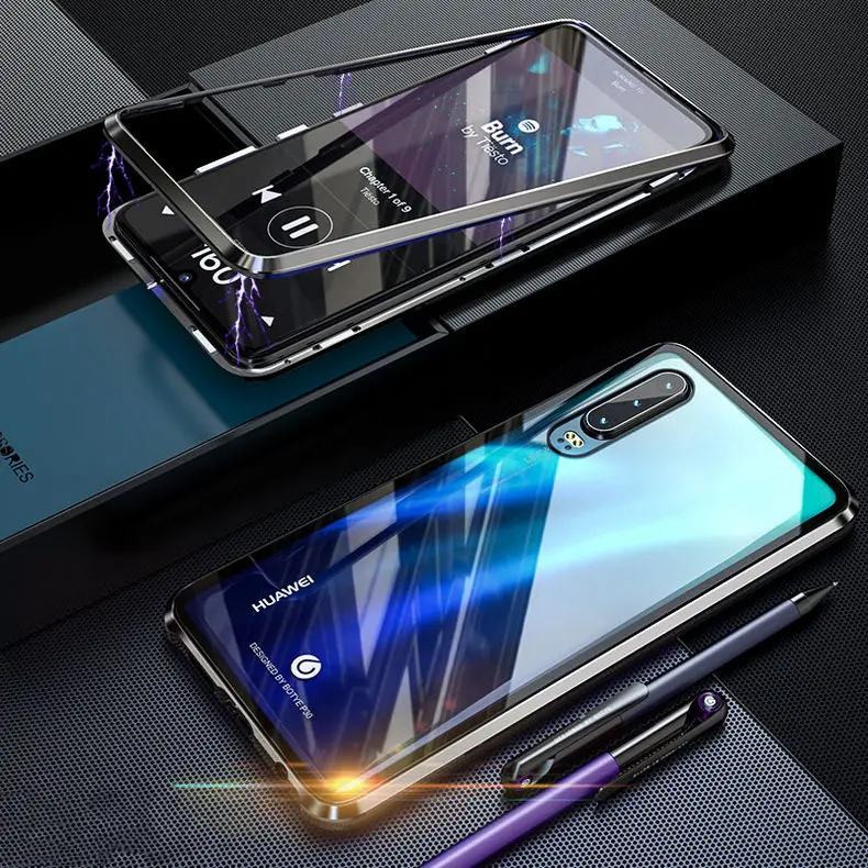 Магнитный металлический чехол для huawei P30 Pro, прозрачный роскошный чехол из закаленного стекла, откидная крышка для huawei P 30 Pro Lite, чехол, аксессуары для мужчин