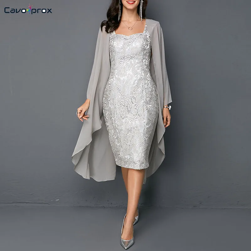 

Women Open Front Top and Tie Back Sleeveless Sheath Dress Two Piece Outfits Plus Size Mother of Bride Lace Knee Length Dress
