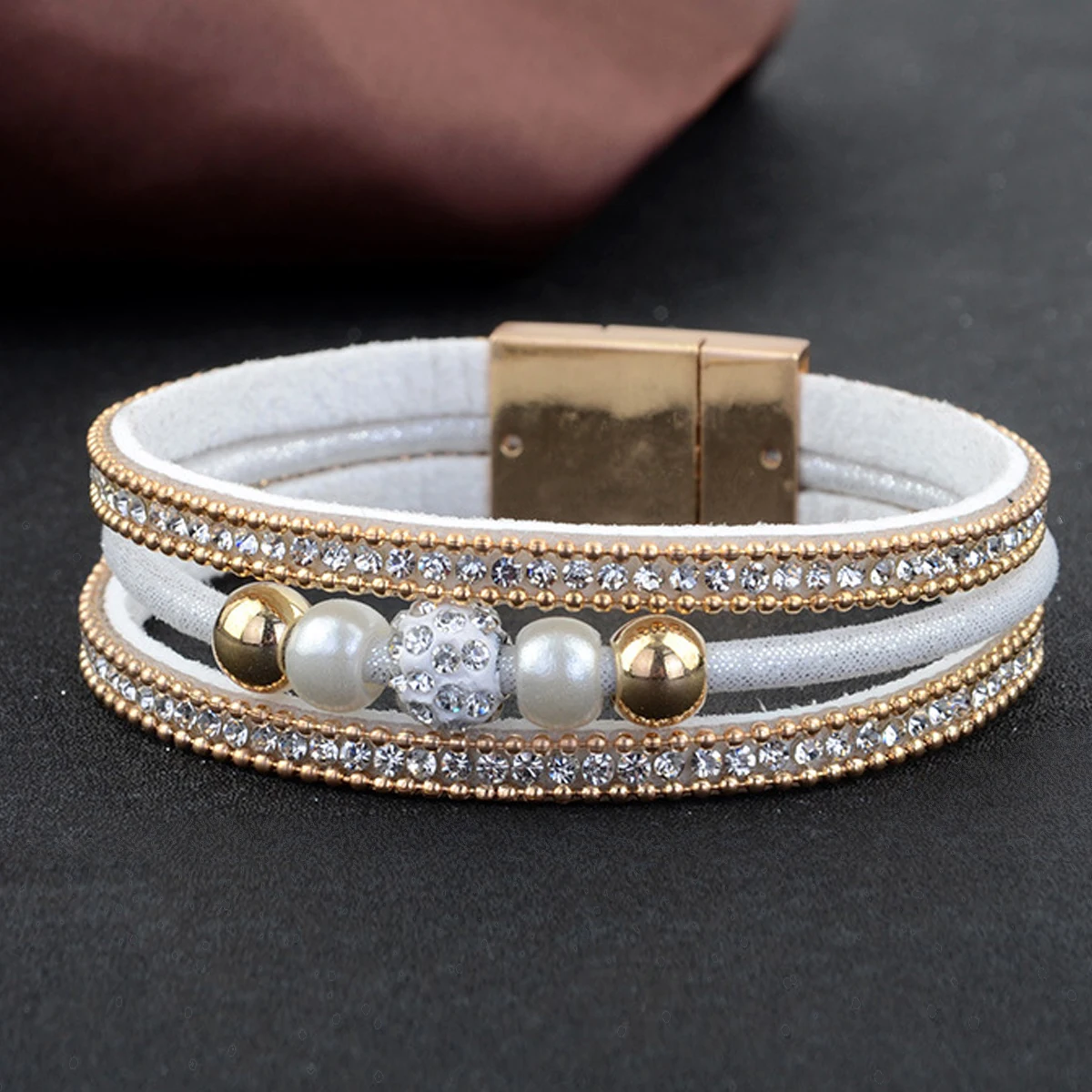 Vintage Fashion Women Bracelet Jewelry Leather Multilayer Luxury Full Crystal Beads Bracelets Punk Charm Magnetic Bangle Cuff
