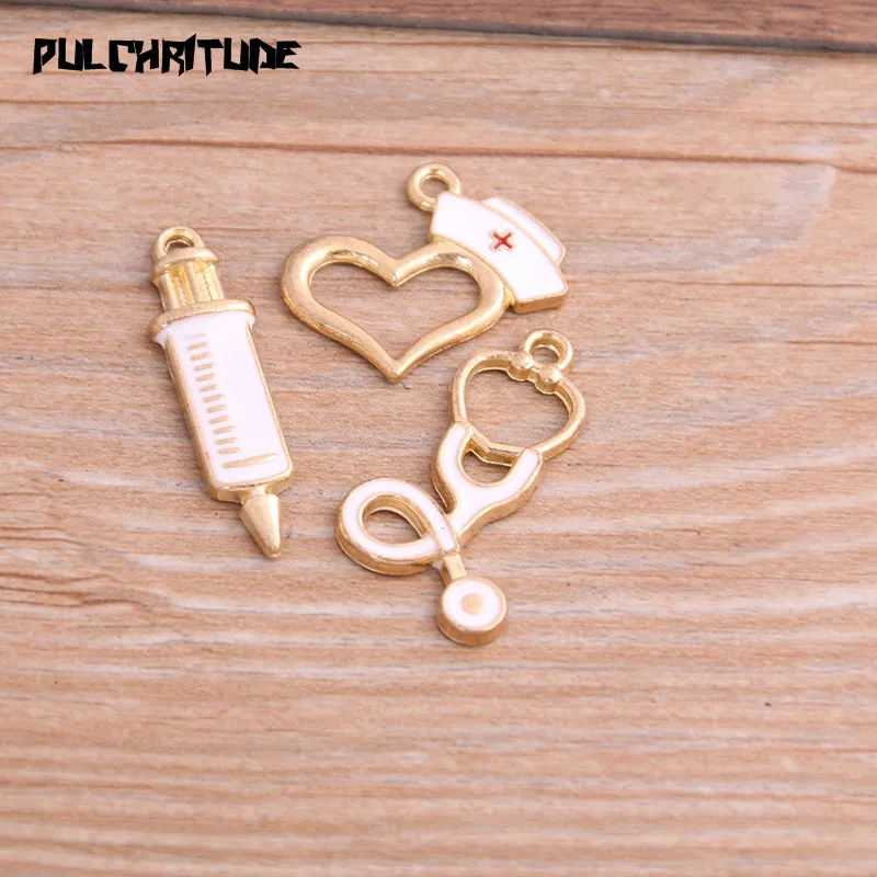 

PULCHRITUDE 6pcs 3 Styles Medicine Charms Syringe Charms Pendants Jewelry Making Stethoscope Charms For DIY Handmade Craft