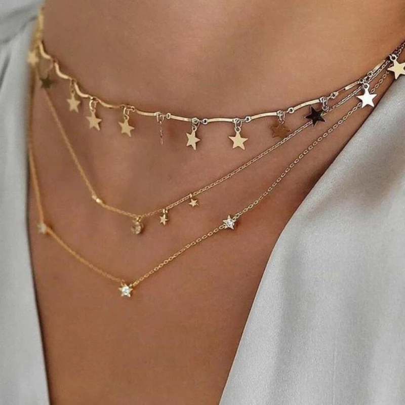

Gold Color Star Moon Pendant Necklaces For Women MultiLayer Clavicle Chain Chokers Bohemian Fashion Female Jewelry Bijoux 2N178