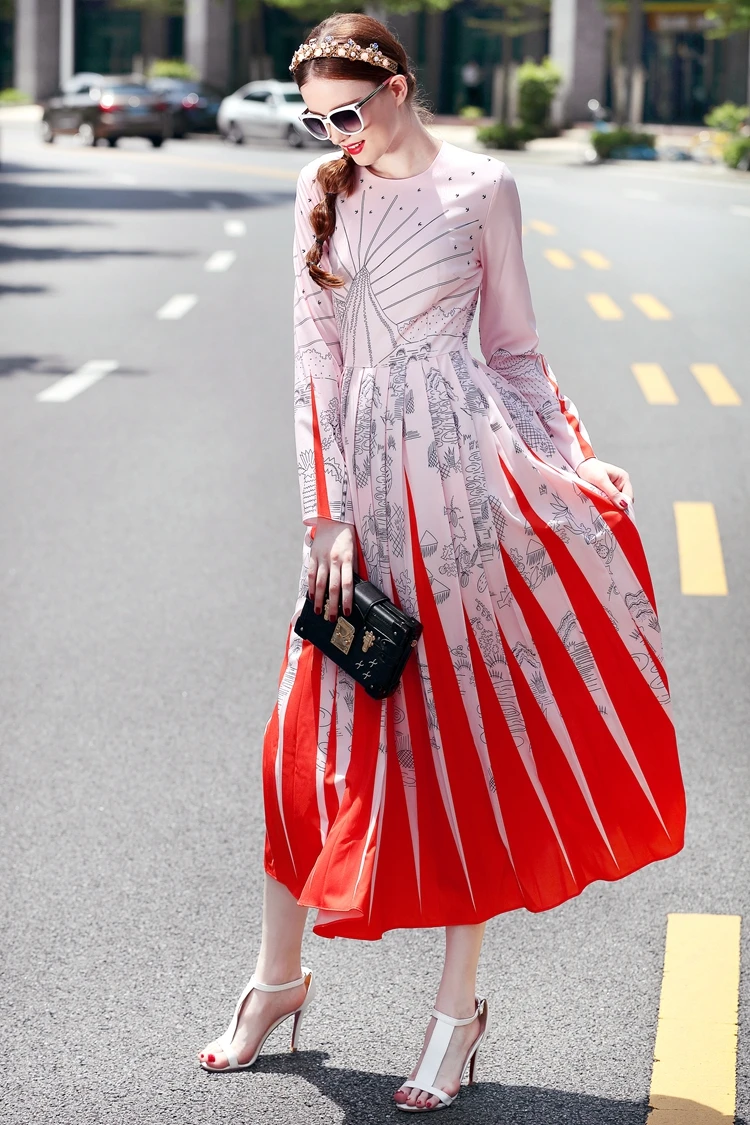 Высокое качество, новинка, дизайнерское осеннее женское модное подиумное Макси платье с длинным рукавом, новинка, принт, плиссированное винтажное длинное платье
