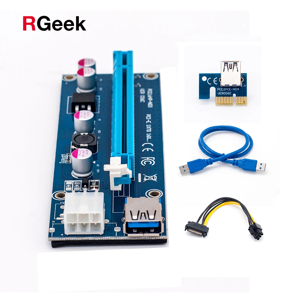 

006C PC PCIe PCI-E PCI Express Riser Card 1x to 16x USB 3.0 Data Cable SATA to 6Pin IDE Molex Power Supply for BTC Miner Machine