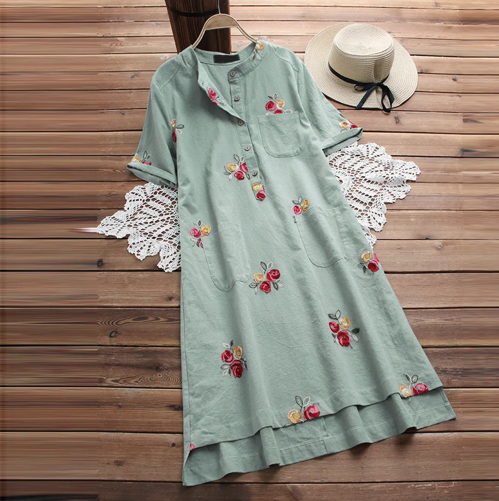 

Women Casual Irregular Floral Embroidered Pockets Short Sleeve Vintage Dresses fashion Round Neck Short Straight Dress Apr 11