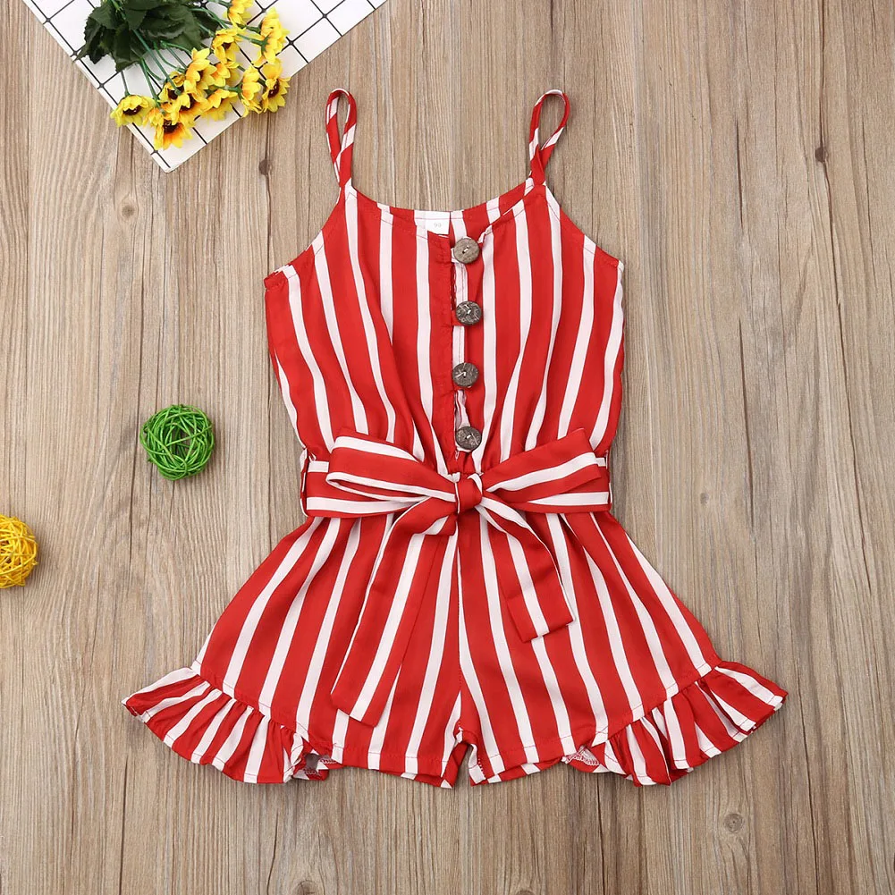 3-8Y Toddler Kid Baby Girl Romper Clothes Sleeveless Striped Red Striped Strap Overalls Summer Chiffon Outfit