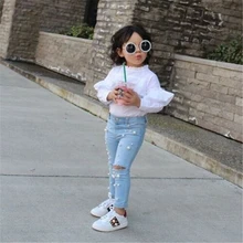 Kid Girl Summer Casual jeans Shredded Hole Jeans Denim Pants Elastic Trousers Baby Jean Infant Clothing zipper up hem shredded jeans