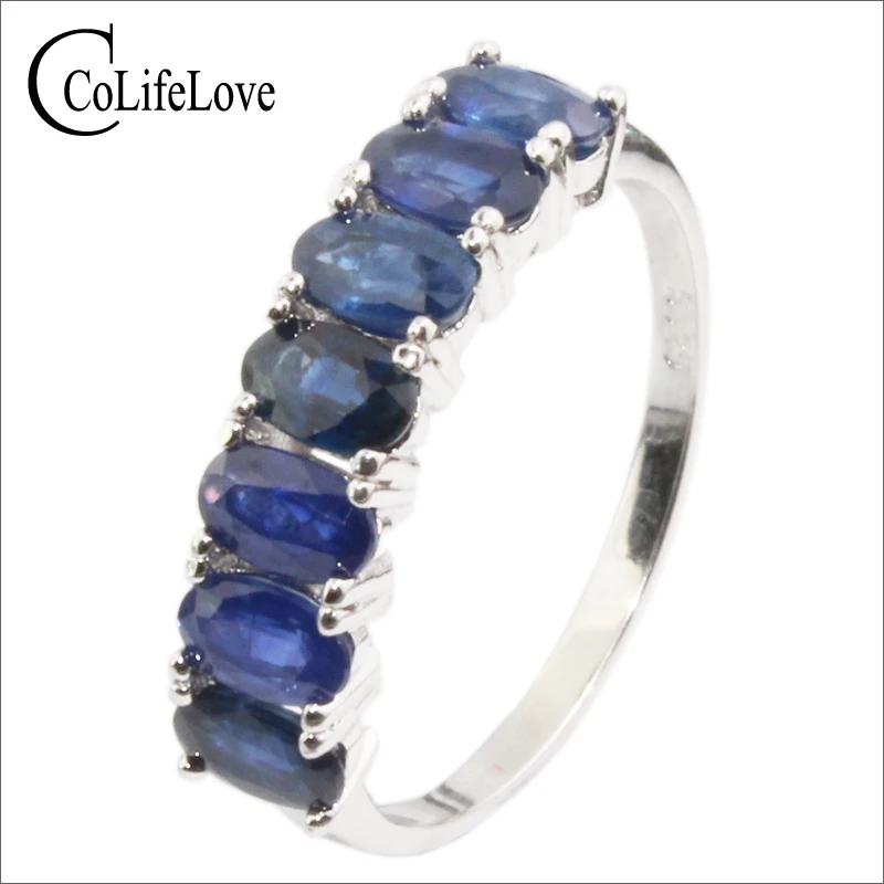 Classic seven stones ring for woman 7 pcs natural sapphire silver ring solid 925 silver sapphire jewelry romantic birthday gift