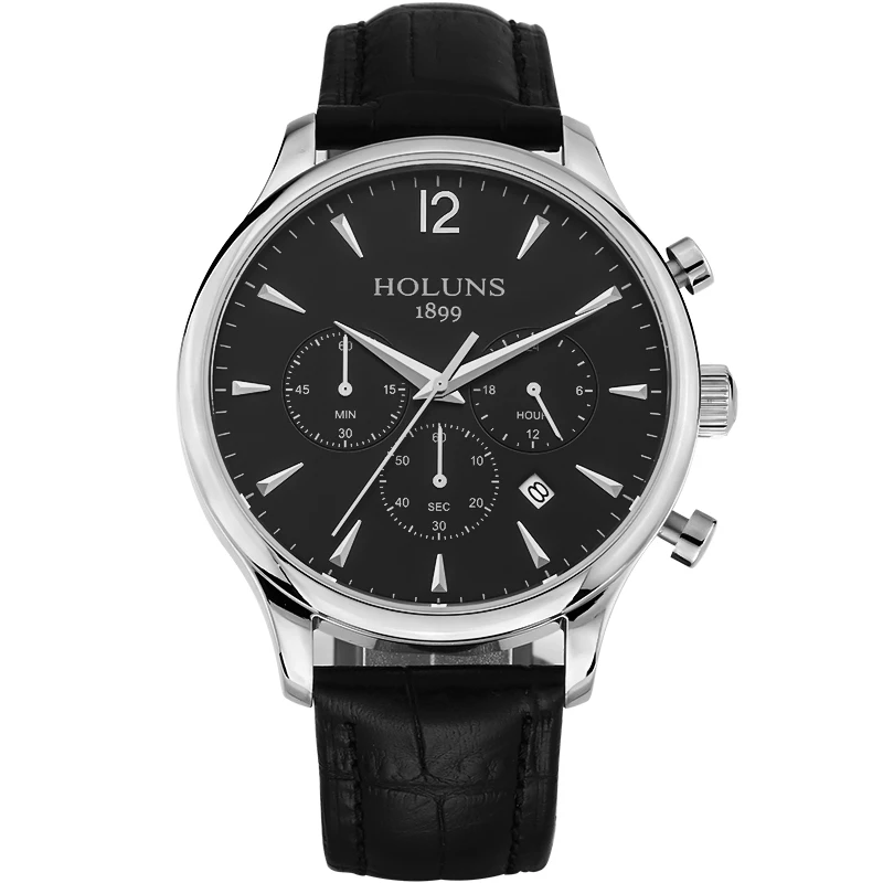 Holuns мужские часы с хронографом, модные брендовые Роскошные повседневные аналоговые деловые часы, кожаные водонепроницаемые кварцевые часы для мужчин - Цвет: black