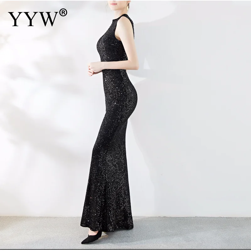 Модное Черное женское вечернее платье длина до пола, вечернее платье с блестками, Сетчатое однотонное элегантное сексуальное Клубное длинные платья русалки