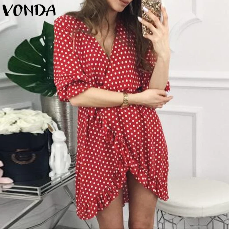 

VONDA Women Polka Dot Print Mini Dress 2019 Summer Pregnant Ruffles Beach Sexy V Neck Half Sleeve Plus Size Maternity Vestidos