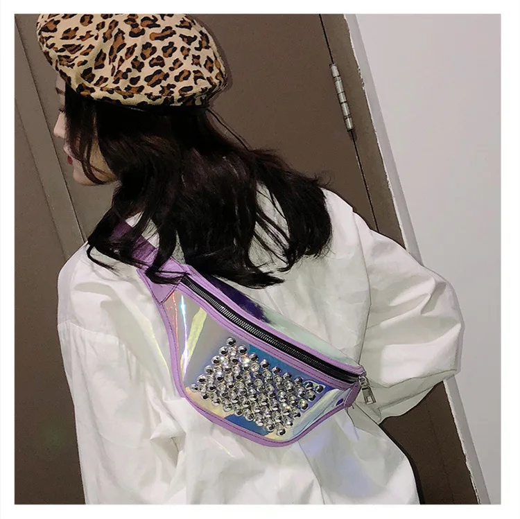Новый Для женщин модное на одно плечо Crossbody мешок шикарные личность лазерной заклепки талии пакет Высокое качество персонализированные