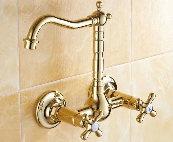 Luxury Polished Golden Brass Wall Mounted Water Tap Basin Kitchen Bathroom Wash Basin Faucet asf101