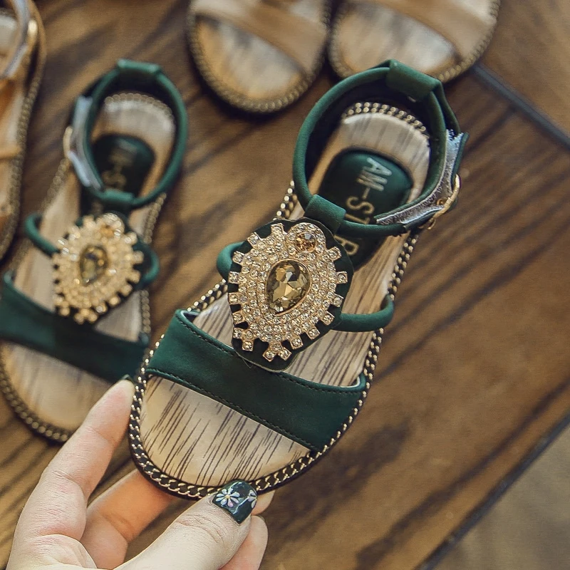 

2019 Girls Gladiator Sandals with Big Rhinestone, Kids Summer New Fashion footwear , Black, Green, Skin Pink ,size 26-37