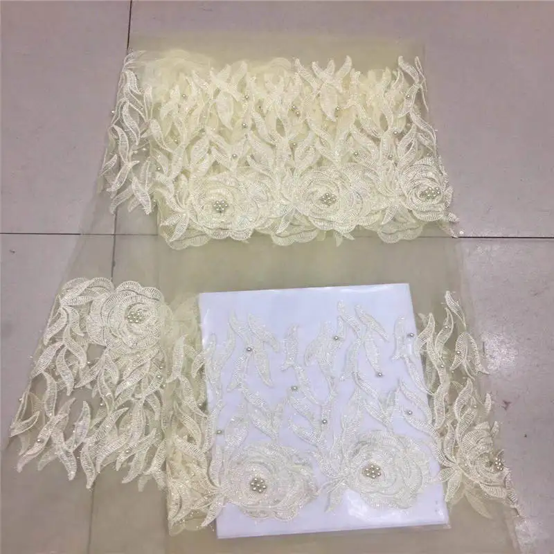

2018 Embroidery mesh tulLe lace fabric 5yards flower pattern beaded african pink beads lace fabrics wholesale for wedding party
