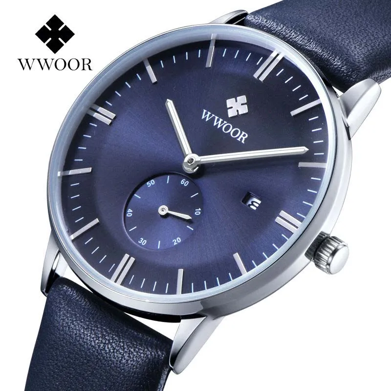 

WWOOR 2019 Men's Watch Top Brand Luxury Business Watch Men Genuine Leather Silver Watches Date Wristwatch Mens zegarek meski
