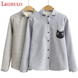 Lkghulo бархат Для женщин блузка в полоску с сердечками, с вышитым котом и Блузки с длинным рукавом Свободные хлопчатобумажные рубашки