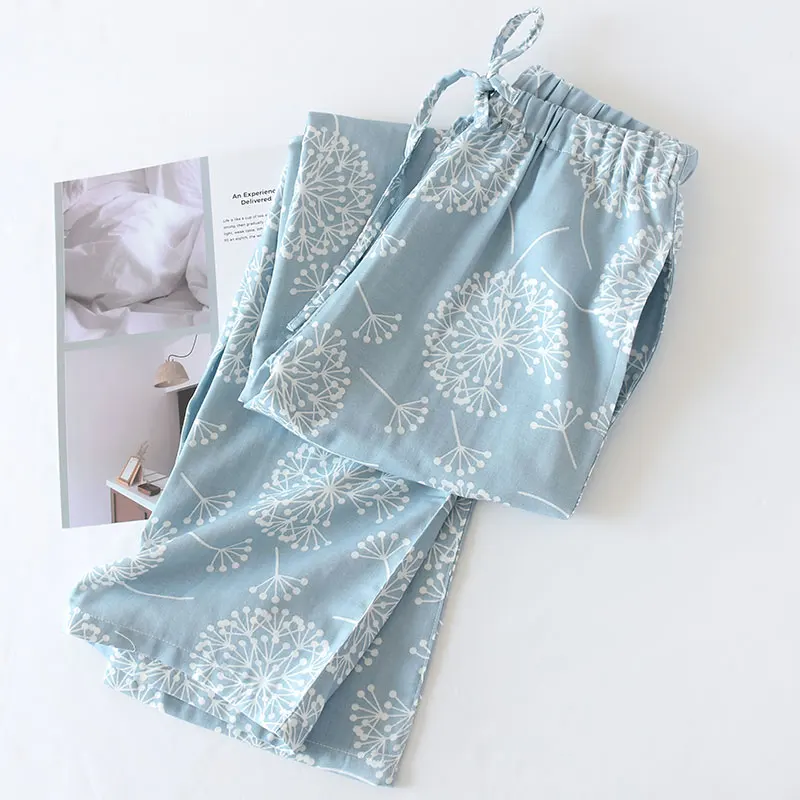 Женские Штаны Для отдыха из хлопка с двойной марлей, длинные пижамные штаны с принтом, женские штаны, одежда для сна для женщин - Цвет: Бирюзовый