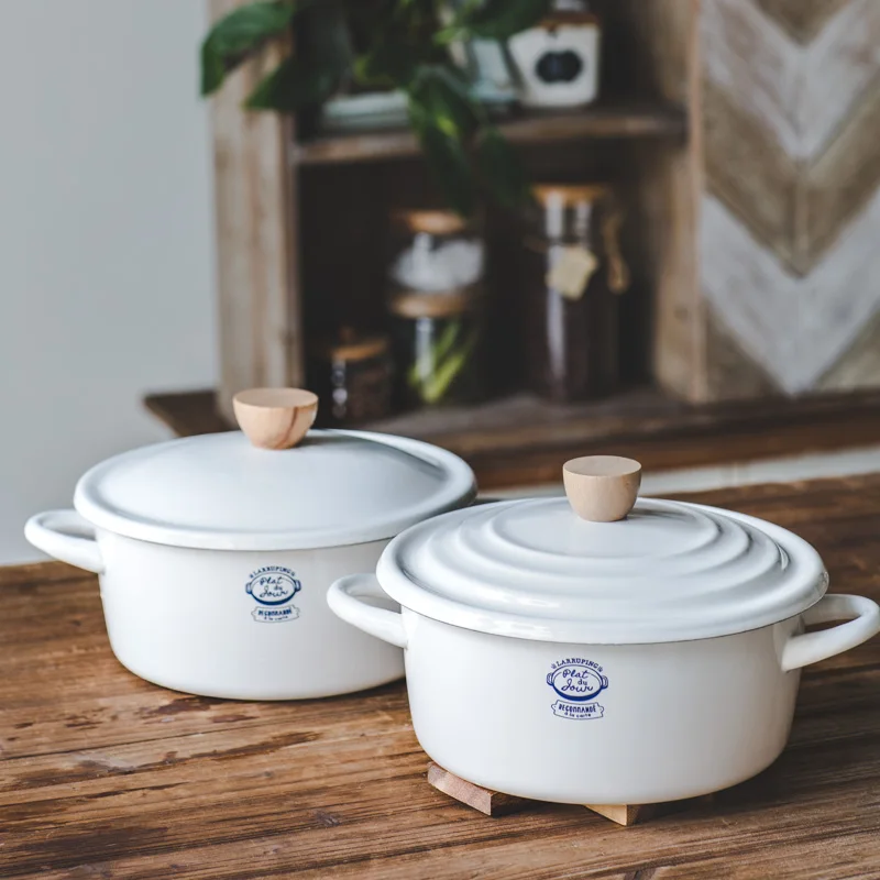 Porcelain enamel white soup pot with lid household thickening double