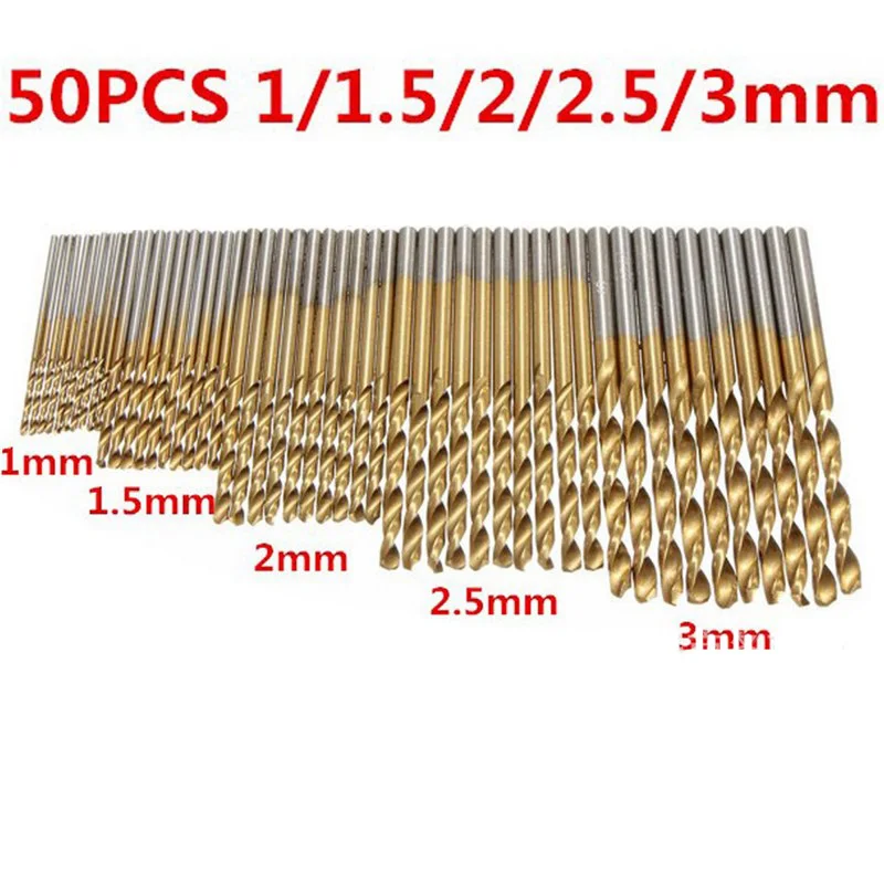 

50Pcs HSS Titanium Coated Drill Bits High Speed Steel Drill Bit Set Woodworking Power Drilling Tools for Wood 1/1.5/2/2.5/3mm