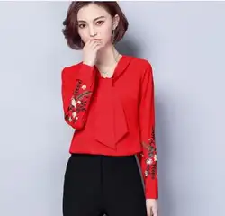 2018 Весна Вышивка лук женская рубашка с длинными рукавами Свободная блузка красный корейский High Street Элегантная блузка Для женщин Дамы Топы