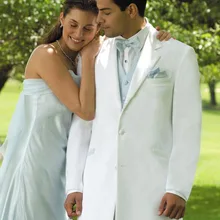 Новое поступление, изготовленный на заказ Белый Жених мужские костюмы для смокингов с небесно-голубым жилетом, на заказ белый смокинг, индивидуальные мужские костюмы с отворотом