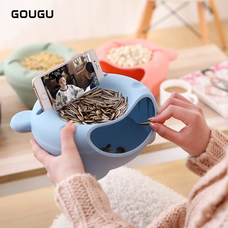 

1PC GOUGU Lazy Food Cell Phone Holder Fruit Snack Box Melon Nut Candy Plate Bear Shape Bowl Storage Organizer Bed Garbage Box