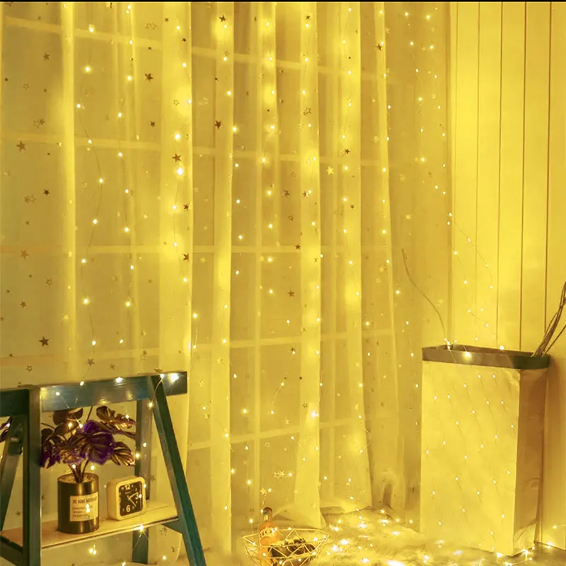 

USB Charge Christmas Curtain Holiday Lighting 300 LEDs Fairy Indoor Home Party Bedroom Decoration With Hook Night Light String