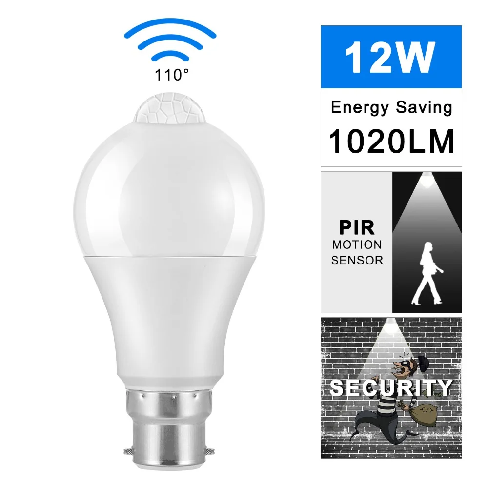 

B22 PIR Lamp Bulb 12W LED Bulb PIR Motion Sensor AC220V 110V LED Night Light For Corridor Aisle Stairs Balcony Lampada