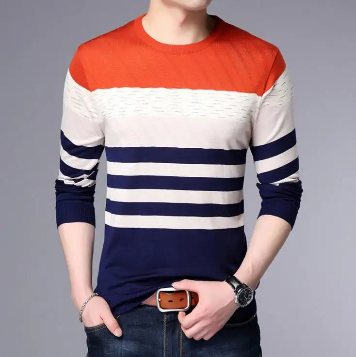 Весенне-осенний модный брендовый Повседневный свитер с круглым вырезом, облегающий вязаный мужской свитер и полосатые вязаные пуловеры для мужчин M-3XL - Цвет: C03