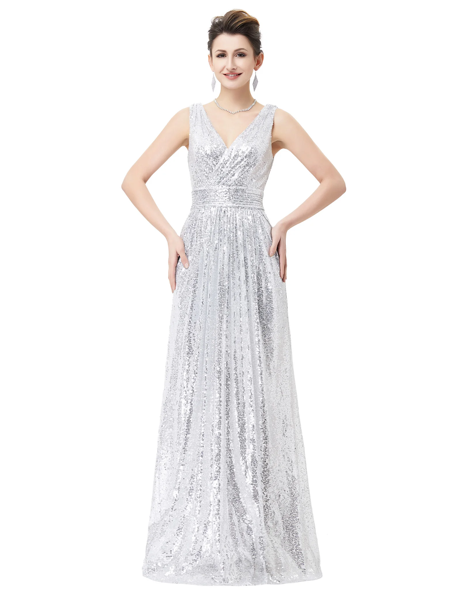 Блестящее платье, коктейльное платье, бальное платье, вечерние, вечерние, женские, вечерние, свадебные, дебютные, с v-образным вырезом, для торжеств - Цвет: Silver