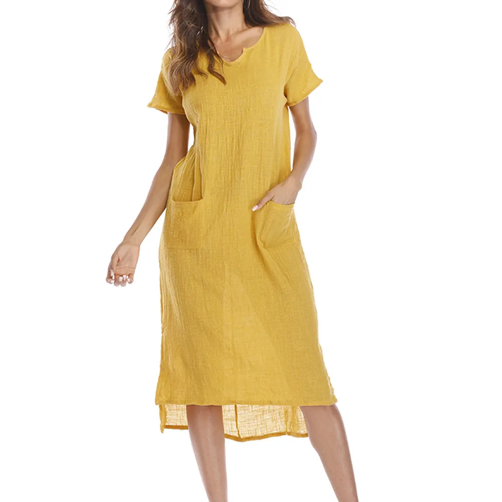 

Women Summer Large Size summer dress 2018 Casual V-Colla Loose Pocket Waist Hem Asymmetrical Dress