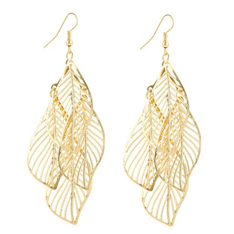 

New Gold / Silver/Black Color Leaves Earrings Long Ladies Multi-storey Hollow Large Pendant Earrings Fashion Jewelry Gifts