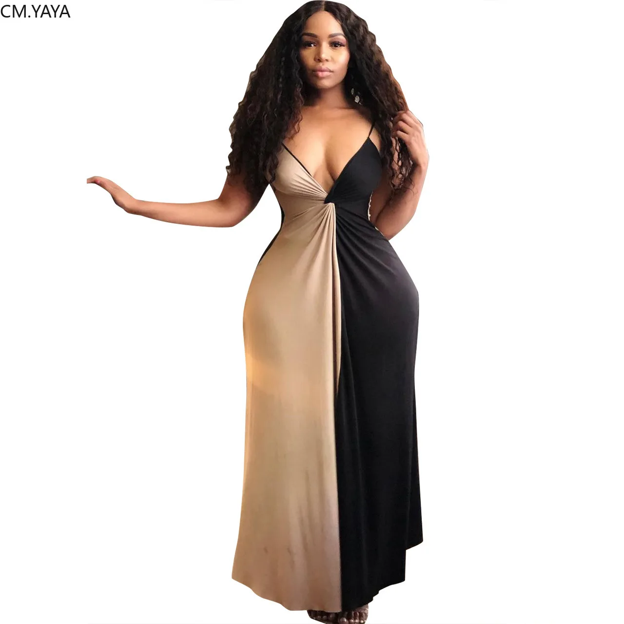 

2019 women summer spaghetti strap high waist spaghetti strap v-neck splicing long dress vintage long vestidos dresses GLNK029