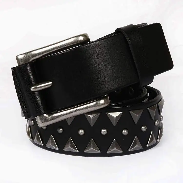 2018 New Men Black Rivet Punk Rock first layer leather Belt Vintage