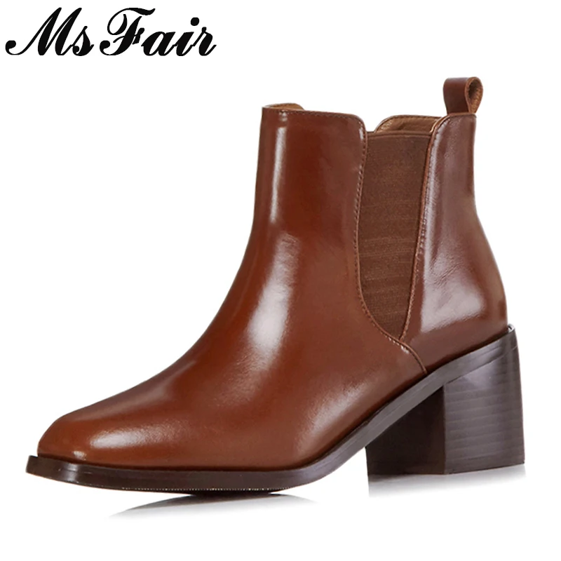

MSFAIR Square Toe Square heel Women Boots Genuine Leather Retro Ankle Boots Women Shoes High HeelS Ankle Boots Shoes Woman 2018