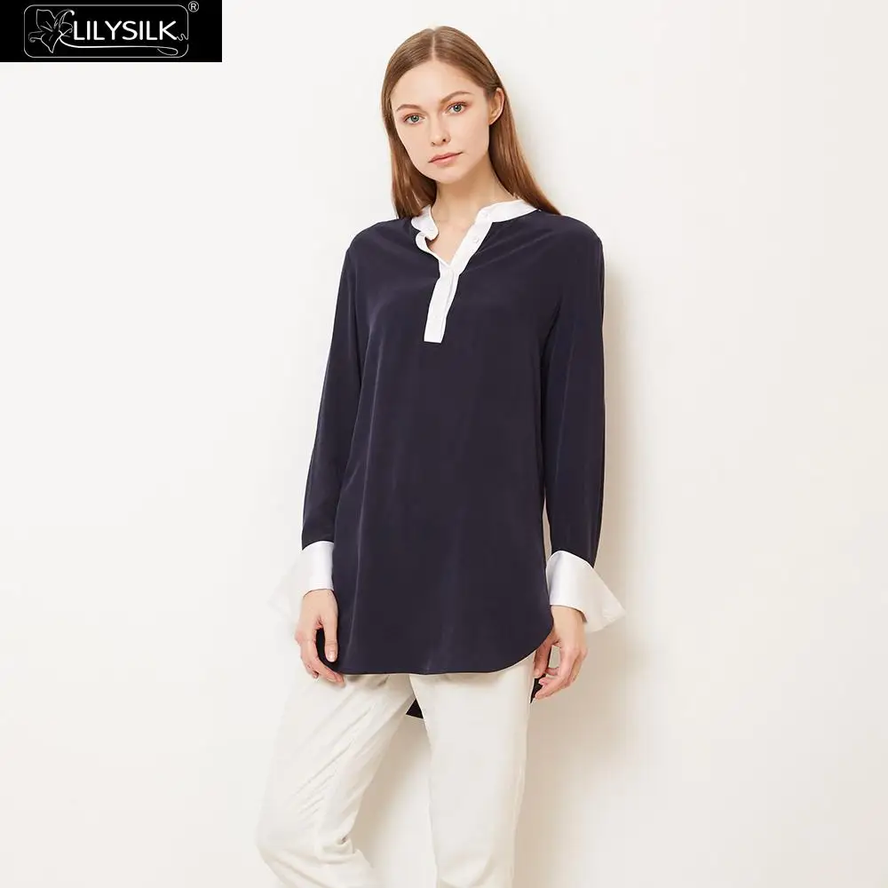 LILYSILK 23mm Pull Over Color Block Silk Shirts Charmeuse Silk On Collar& Cuff Sand Washed Silk NEWS Free Shipping - Цвет: Navy Blue