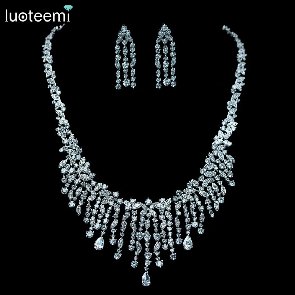 LUOTEEMI white gold plated Fashion Luxury Cubic Zirconia Tassel Choker Necklace font b Earrings b font