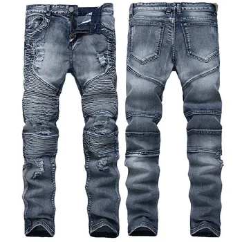 

2019 New Fashion Street Men's Motorcycle jeans Men's wrinkled Hole jeans Slim Stretch pants More Size 28-36 38 40 42
