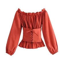 Off shoulder lace up sexy blouse shirt Women ruffle long sleeve blouse tops 2018 Vintage summer white blouse feminine reddish brown tie up detail off shoulder blouse