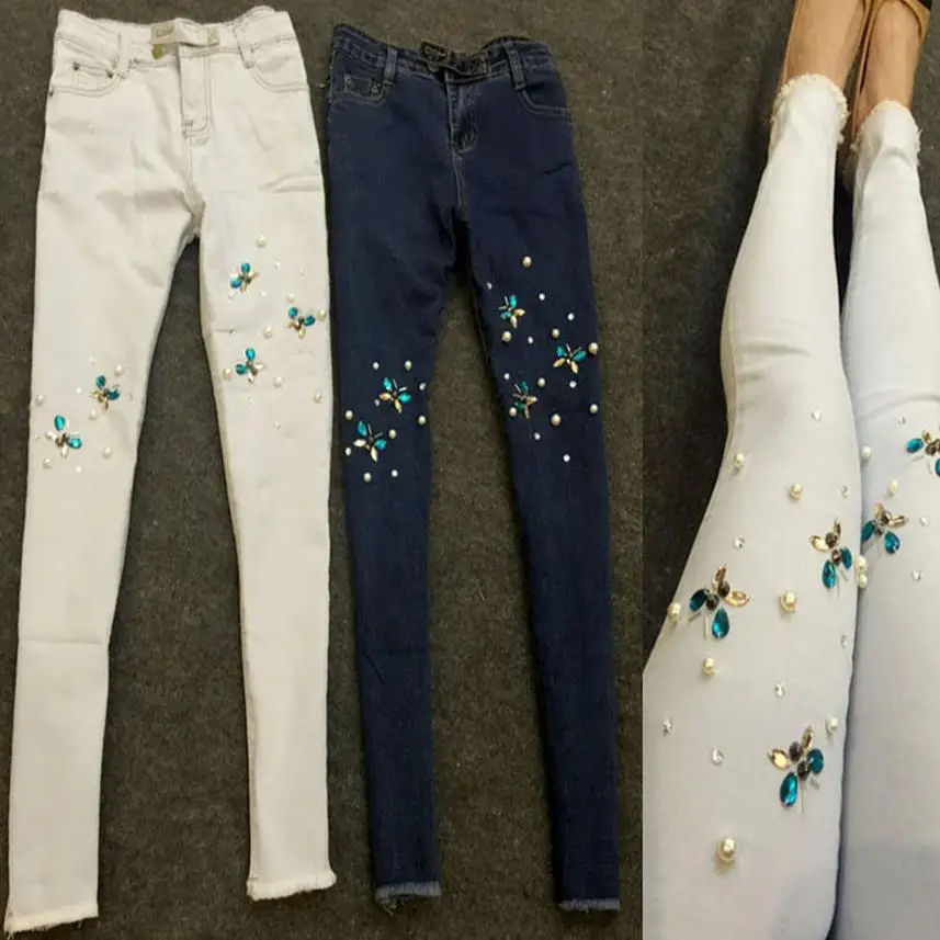 new Rivet Beading Jeans Elastic Skinny Jeans Woman Pencil Pants Jeans