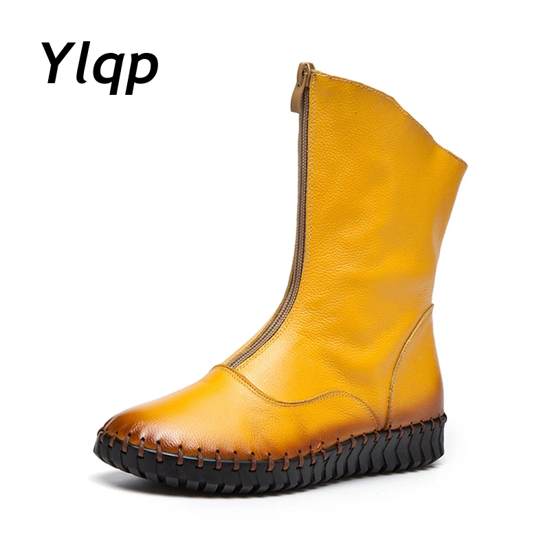 

Ylqp 2019 Mid-Calf Women Boots Front Zipper Designer Brand Genuine Leather Shoes Quality Flat Heel Boots Ladies Handmade Shoes