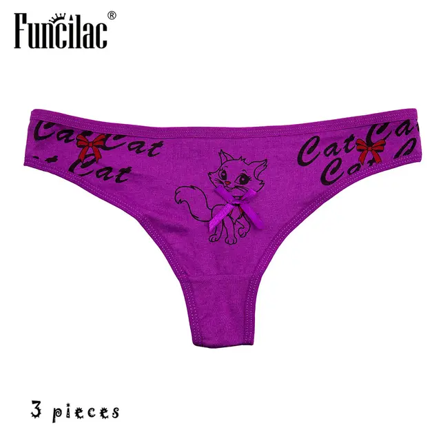 FUNCILAC Underwear Women Cartoon Kitty Thongs Cotton Sexy G Strings
