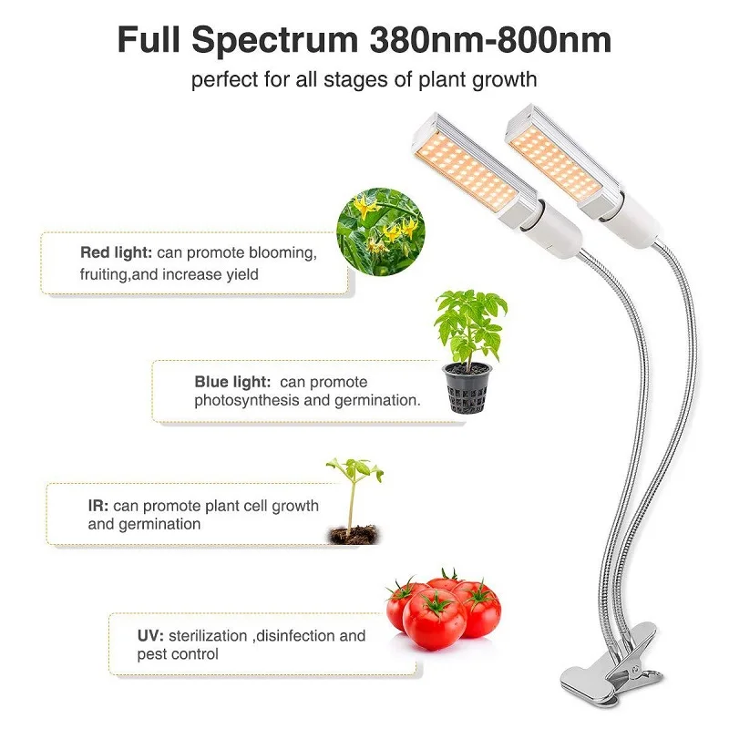 Светодиодный светильник для выращивания растений, солнечный свет, полный спектр, 45 Вт, 50 Вт, 60 Вт, E27, с двойной головкой, гибкая лампа для теплицы, цветок, Фито, лампа EU/US