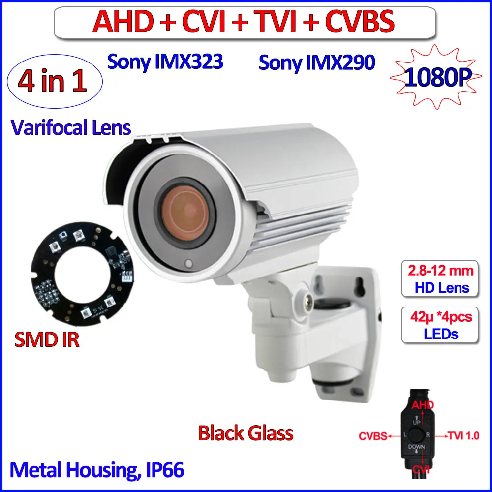 

1080P 4 in 1 AHD-H CVI TVI surveillance outdoor camera Starvis imx290 imx323 ahd camera 2MP, SMD LEDs, bracket, Varifocal Lens