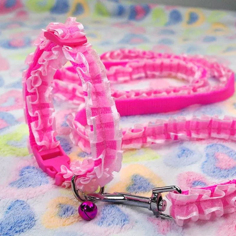 New Pet Dog Collar Leash Pink Lace Nylon Retractable Leashes with Bell for Small Medium Large
